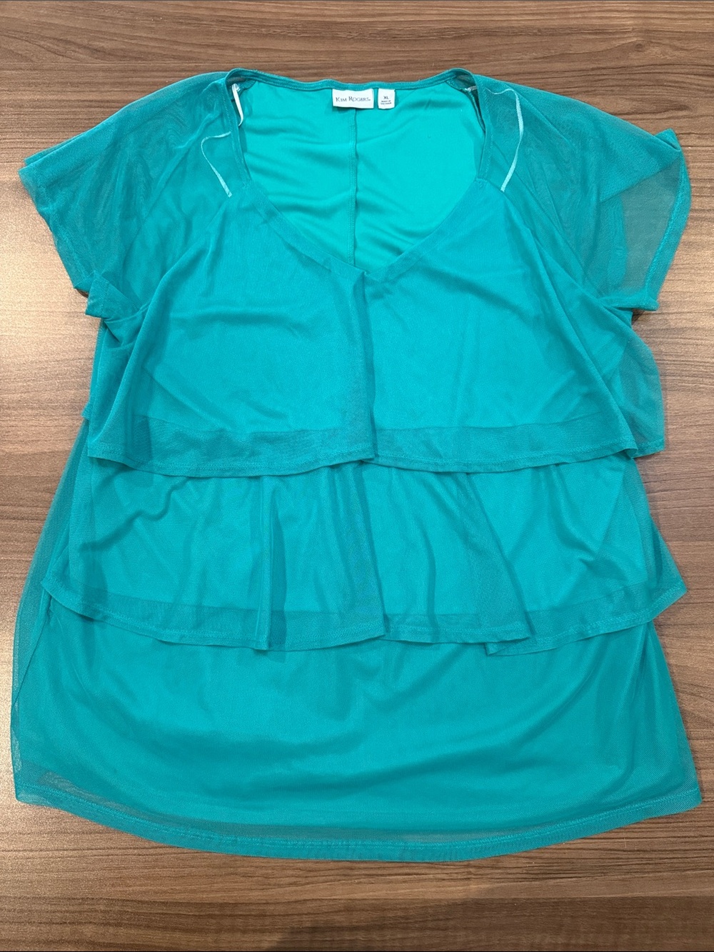 Kim Rogers Teal Layered Mesh V-Neck Blouse